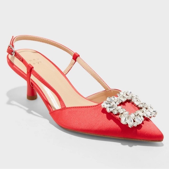 Target Annette Womens Slingback Heels A New Day Red Satin Rhinestone Size 7.5 - Picture 1 of 11